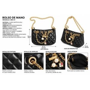 Black Quilted Handbag Gold Chain Strap Faux Pearl Charms Shoulder Bag BM-01